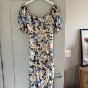Abercrombie & Fitch Blue Cream Puff Sleeve Midi Dress